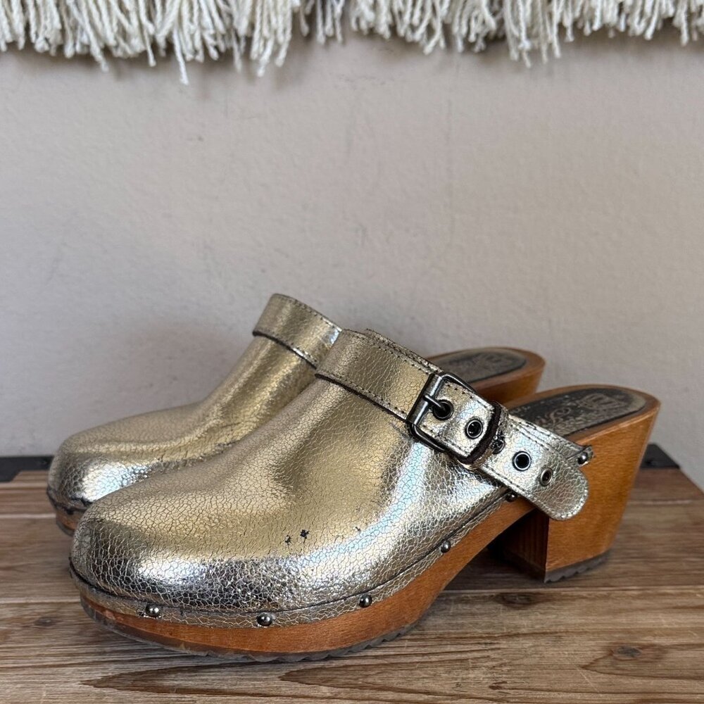 Vintage Y2K Juicy Couture Made in Italy Metallic Gold Wood Platform Clogs Size 9